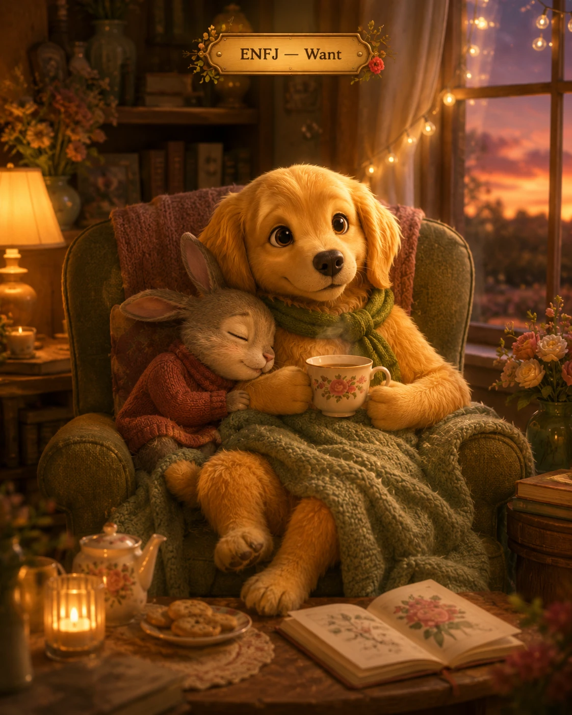 Puppy and Rabbit Evening Tea jigsaw puzzle